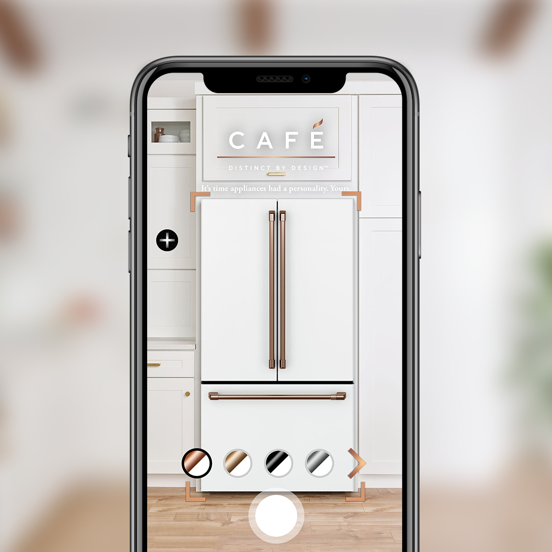 Café Appliances AR app displaying new refrigerator in kitchen